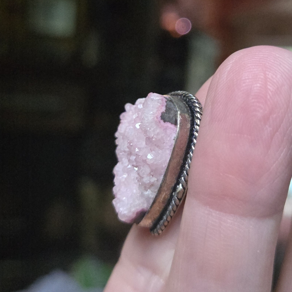 Vintage Style rose quartz Druzy sterling Ring sz8 - Picture 7 of 10